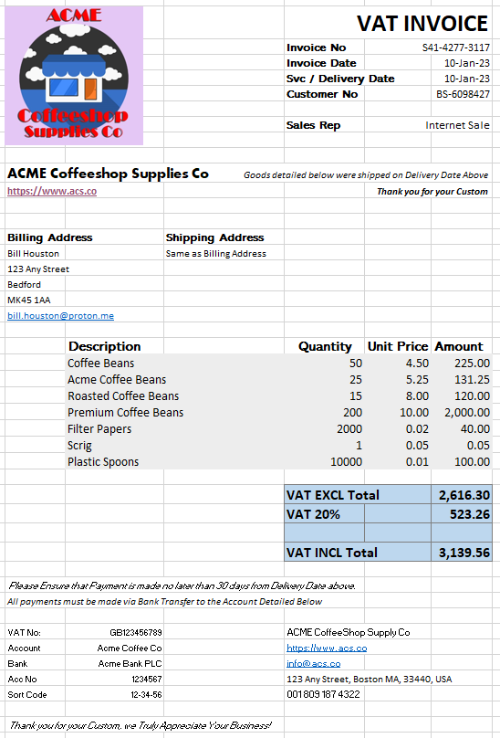 typical full UK VAT invoice